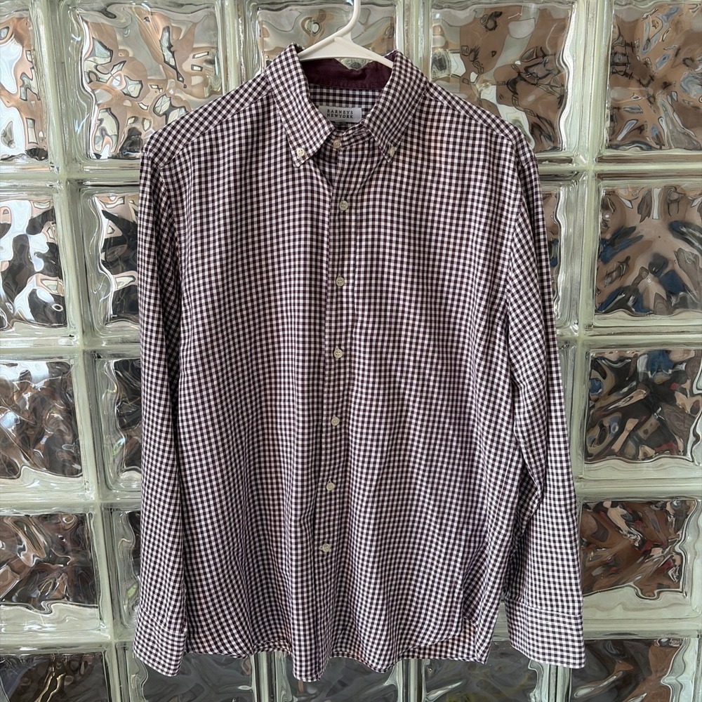 Barneys New‎ York Mens Small Plum Purple Check Button Down Long Sleeve Shirt